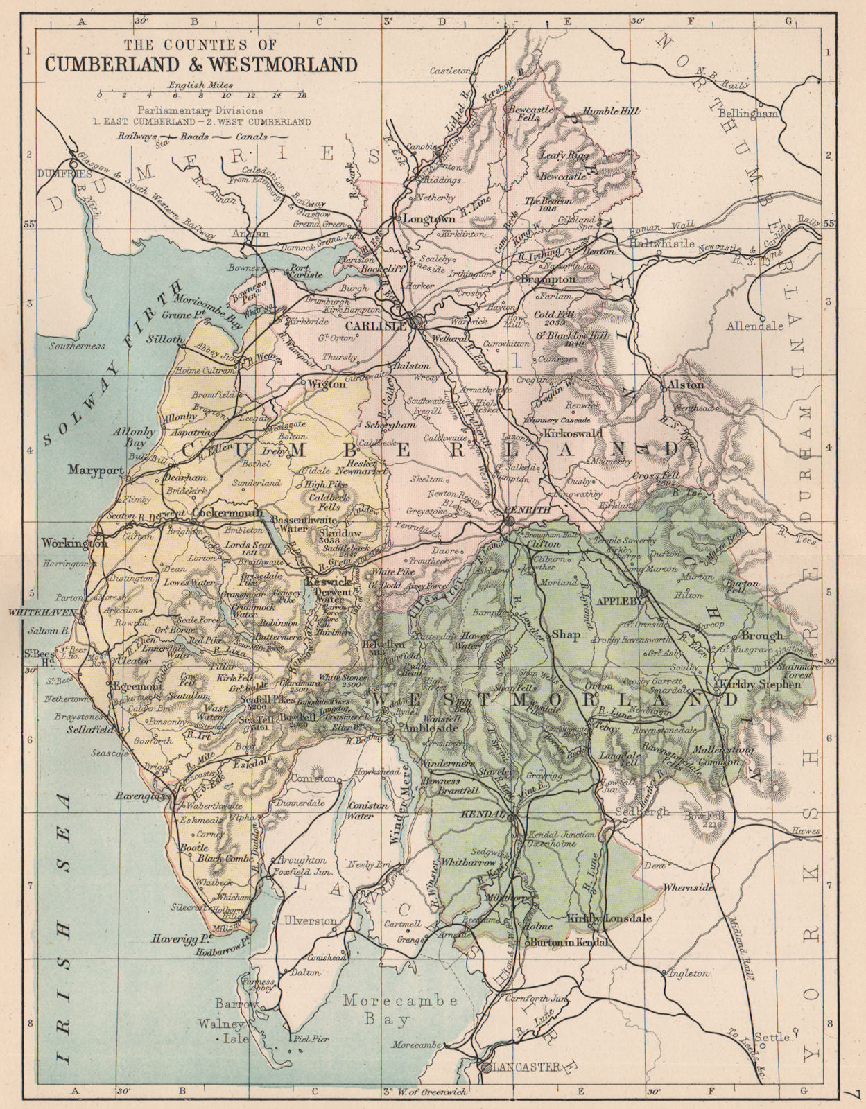 CUMBERLAND & WESTMORELAND. County map. Railways Constituencies. PHILIP 1882